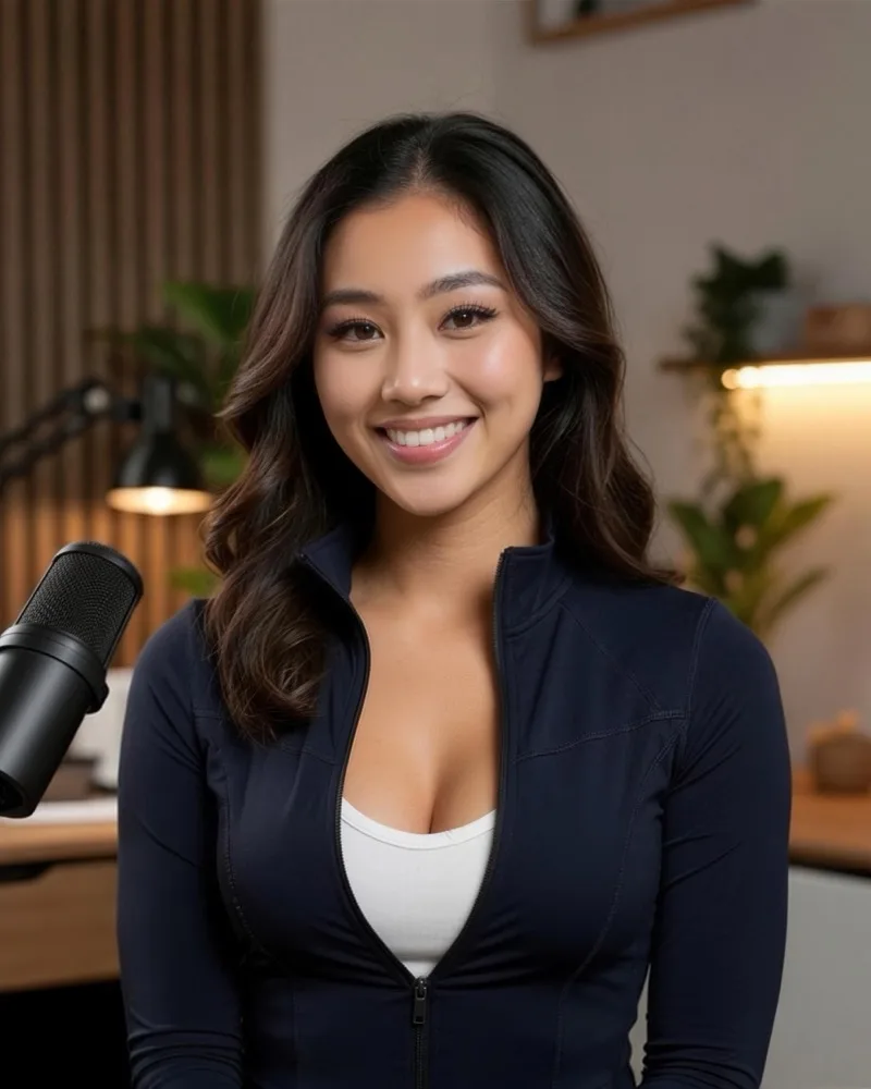 Trina at her studio desk, in front of a broadcast microphone