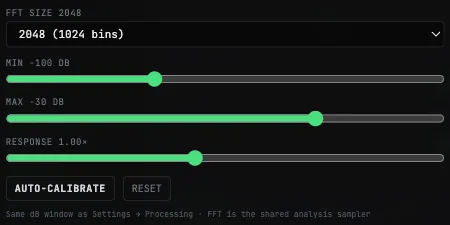 FFT size, min/max dB, response, auto-calibrate