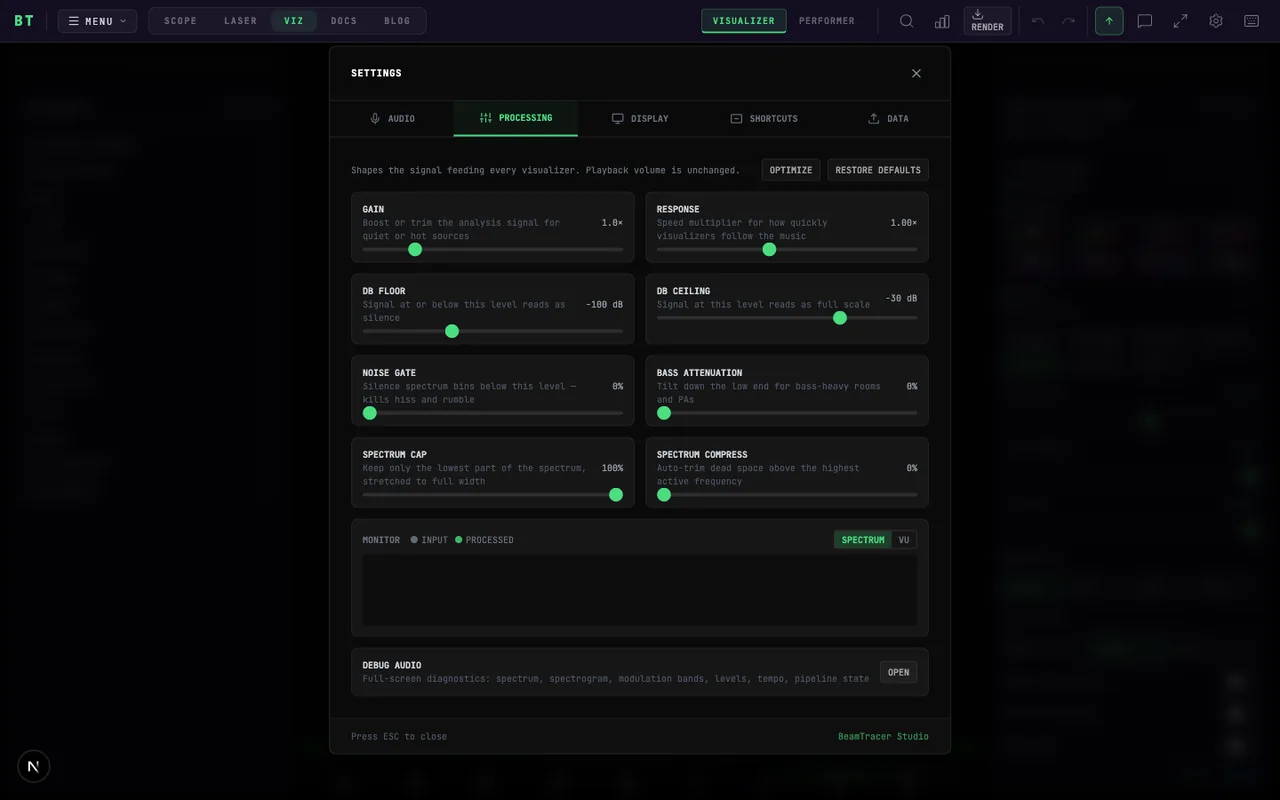 The Settings Processing tab with GAIN, RESPONSE, dB window, noise gate, spectrum tools, OPTIMIZE, RESTORE DEFAULTS, and DEBUG AUDIO