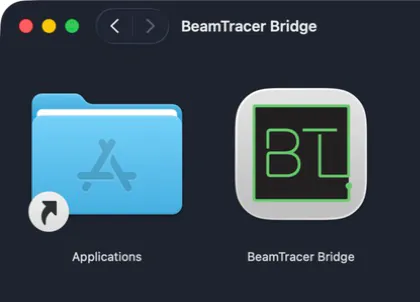 The BeamTracer Bridge disk image open on macOS, with the app icon beside an Applications shortcut