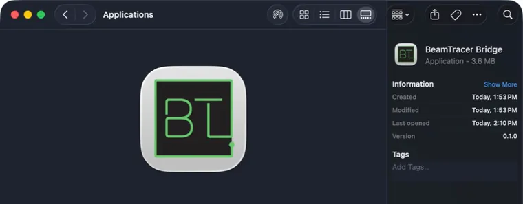 BeamTracer Bridge listed in the macOS Applications folder