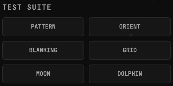 The TEST SUITE section in the left sidebar: six buttons — PATTERN, ORIENT, BLANKING, GRID, MOON, DOLPHIN — each loading a bundled reference file