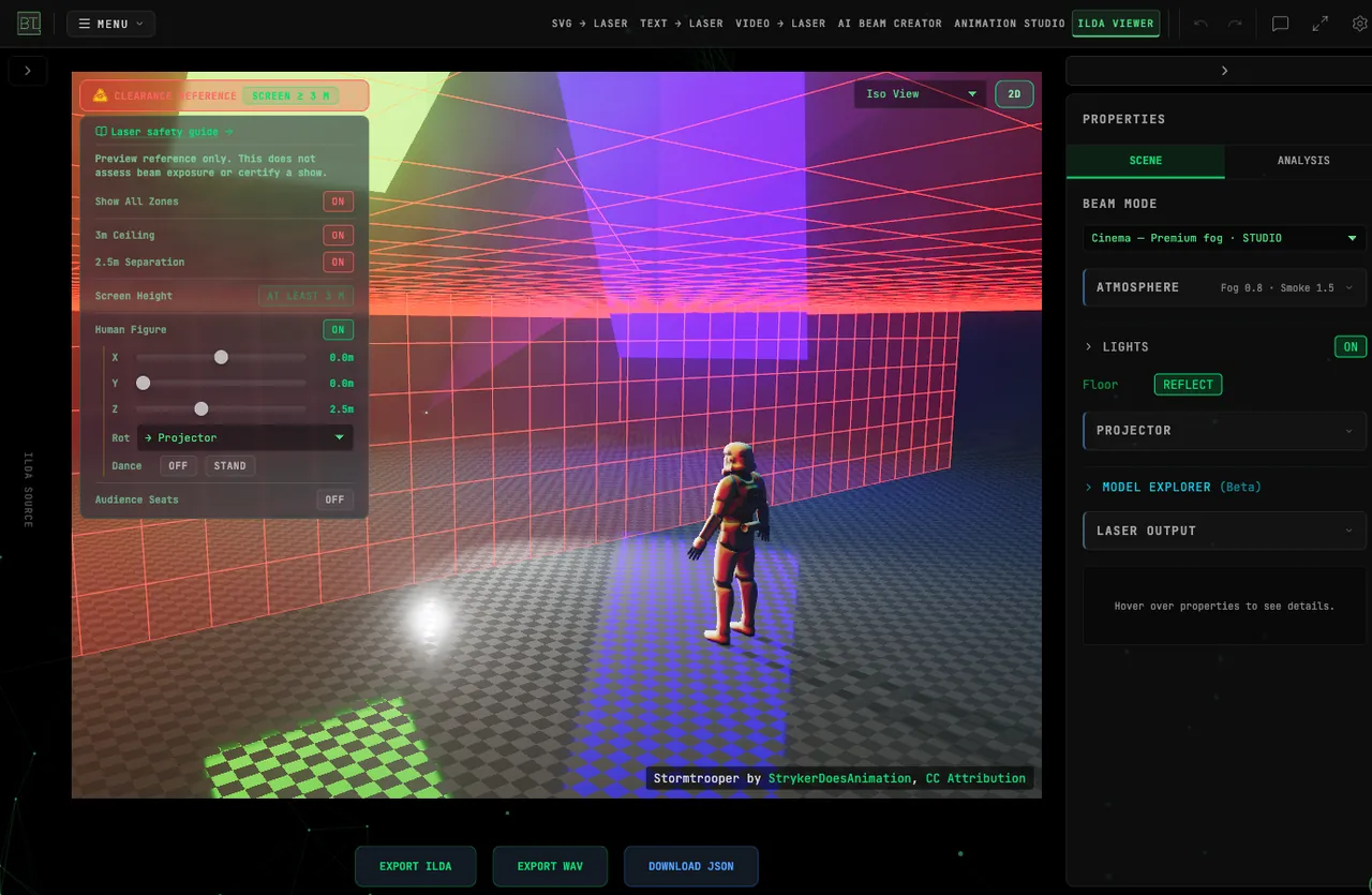 The ILDA Viewer in Cinema mode with a simulated venue, clearance references, a human figure for scale, and scene controls