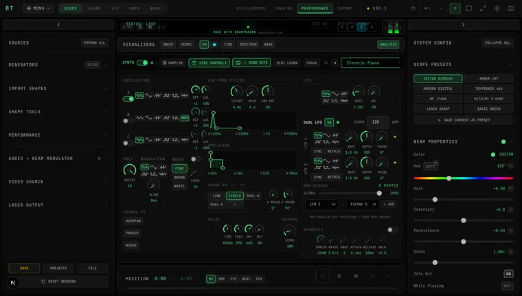 The Viktor NV-1 synth controls — oscillators, filter and amplifier with envelope curve editors, LFOs, modulation matrix, phase, delay, reverb and dynamics, all visible in one rack