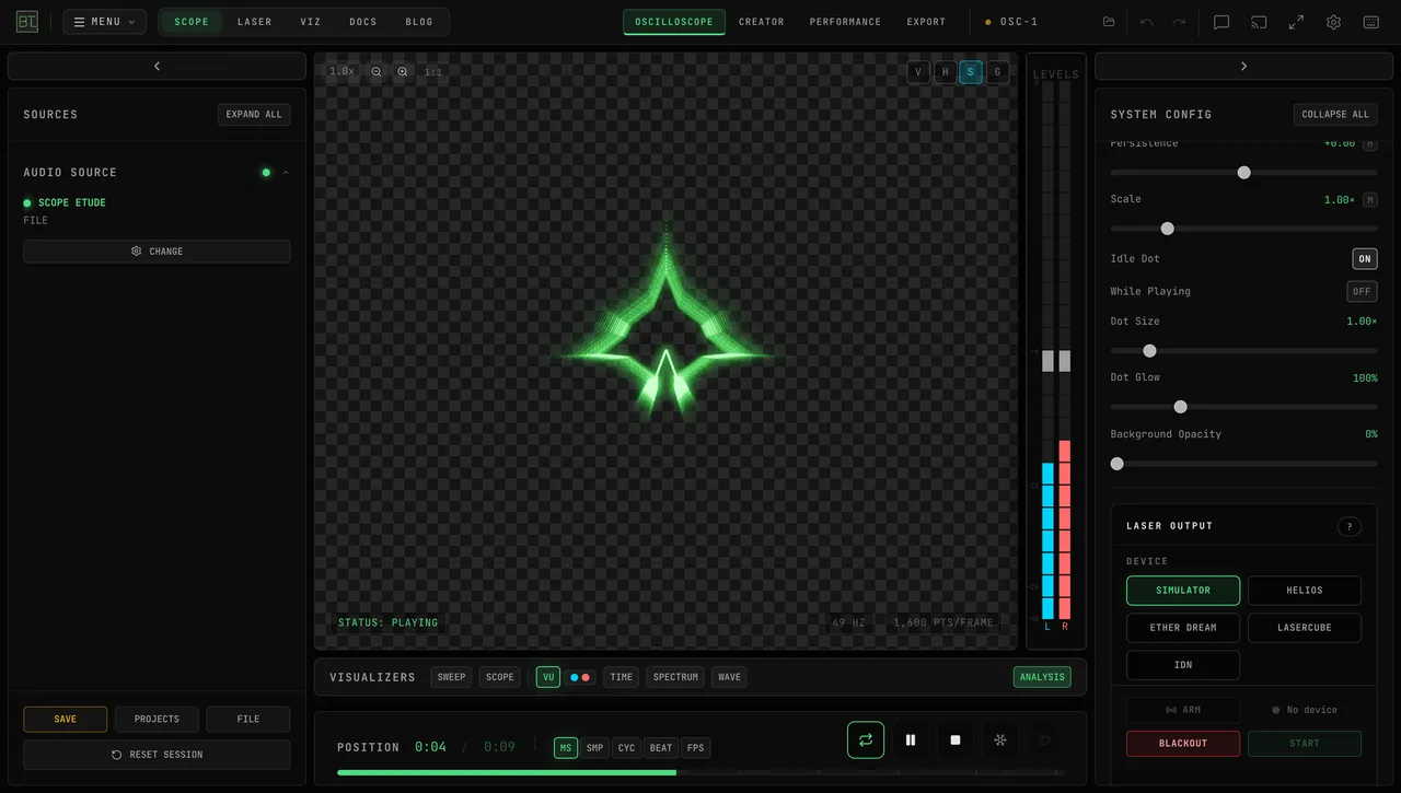 OSC-1 with Background Opacity at 0%: the Vector Display trace glows over a checkerboard, and the Beam Properties panel shows the Background Opacity slider at 0%