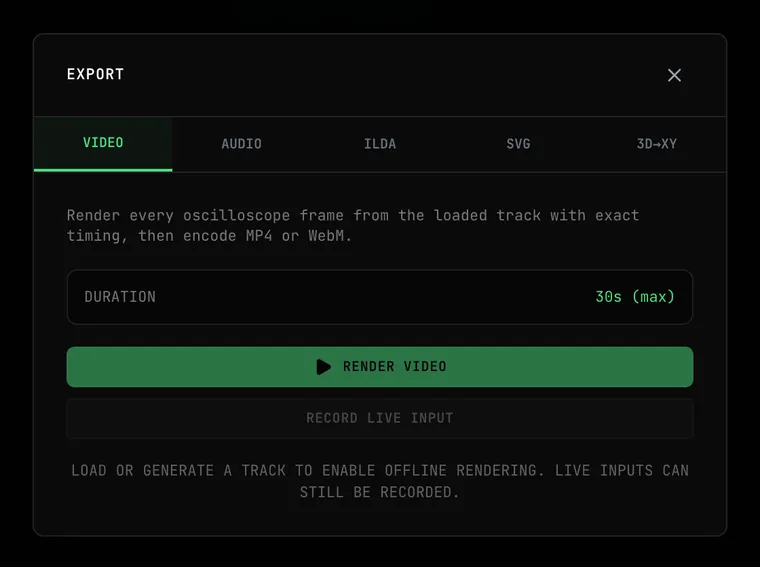 The OSC-1 Export dialog with the Video tab selected, showing the duration, Render Video action, live-input recording action, and all five export tabs
