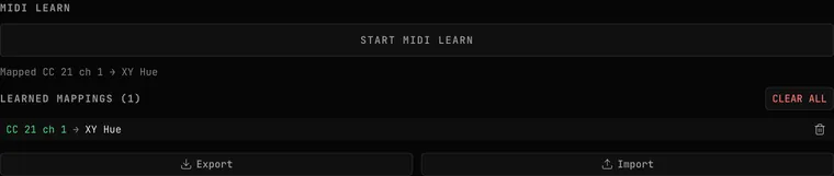 OSC-1 Settings → MIDI: MIDI LEARN with START MIDI LEARN and the last mapping, LEARNED MAPPINGS listing CC 21 ch 1 → XY Hue with CLEAR ALL, and the Export and Import buttons
