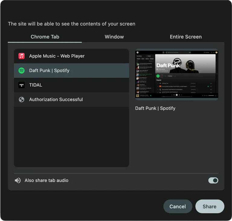 Chrome's share dialog with the Chrome Tab list open, a music tab selected, and the Also share tab audio toggle enabled