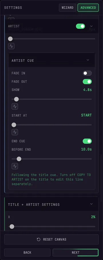 Title and artist settings — font, weight, anchor, size, position, glow and shadow