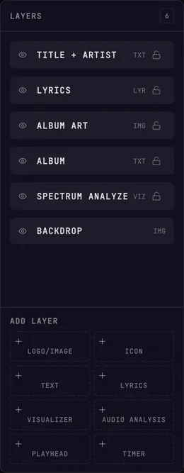 The layers rail — layer list with eye and padlock toggles, and the ADD LAYER grid