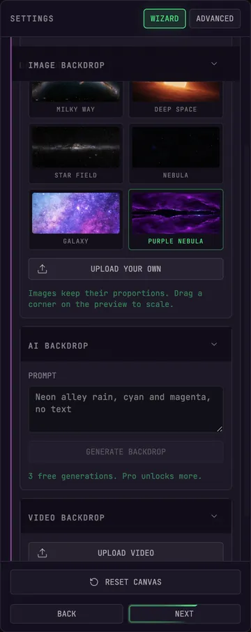 The backdrop source panel — stock images, AI generation, and video upload