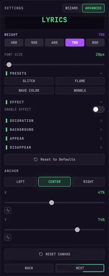 Lyric text effects — font, weight, size, presets, decoration, background, appear and disappear