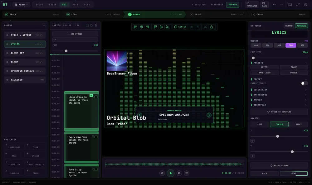 The lyrics timeline beside the canvas, with cue blocks against the time ruler