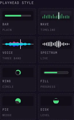 The playhead style picker — bar, wave, voice, spectrum, ring, fill, pie, and disk