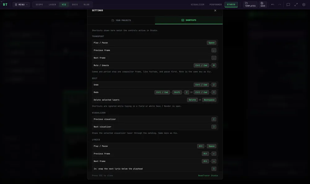 The Studio shortcuts panel