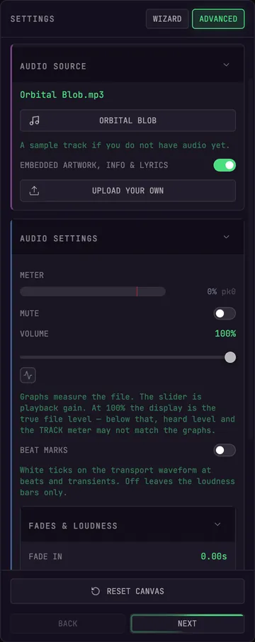 Audio settings — meter, mute, volume, beat marks, fades and loudness