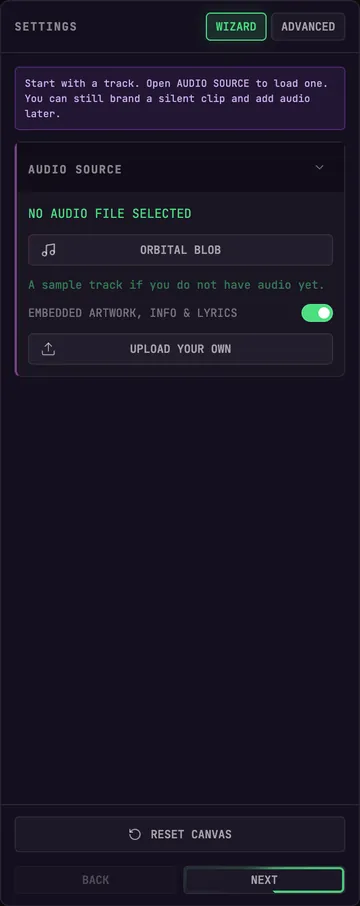 The AUDIO SOURCE panel with the sample track button and the upload option