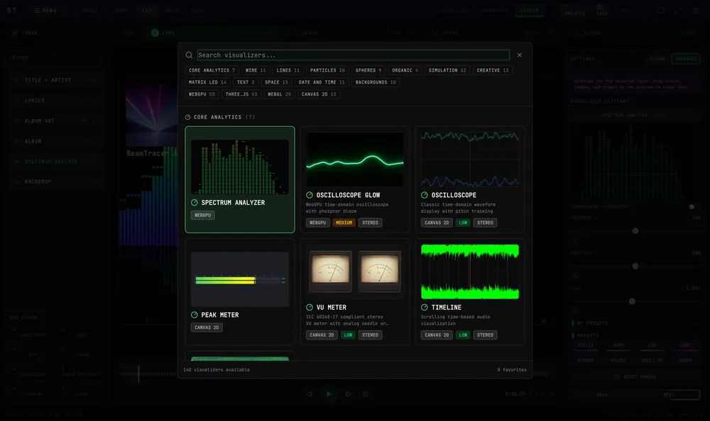 The visualizer picker — search, category and engine filters, and preview thumbnails