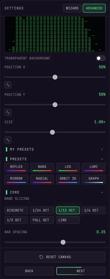 Visualizer settings in the rail — presets, band slicing, colors, peaks, and audio response