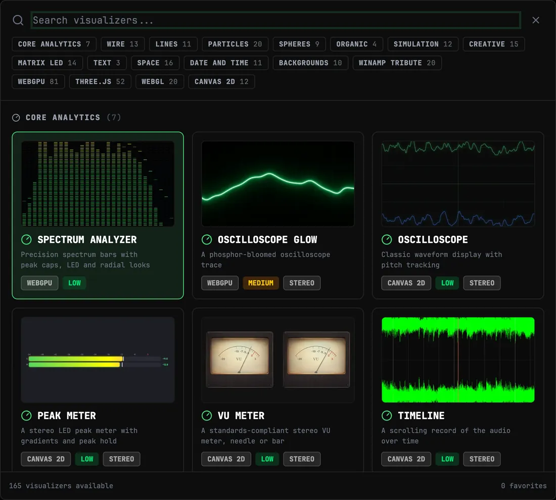The visualizer picker — search, category and engine filters, and preview thumbnails