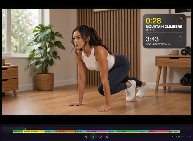 The Workout timer over the sample workout video with its colored schedule below