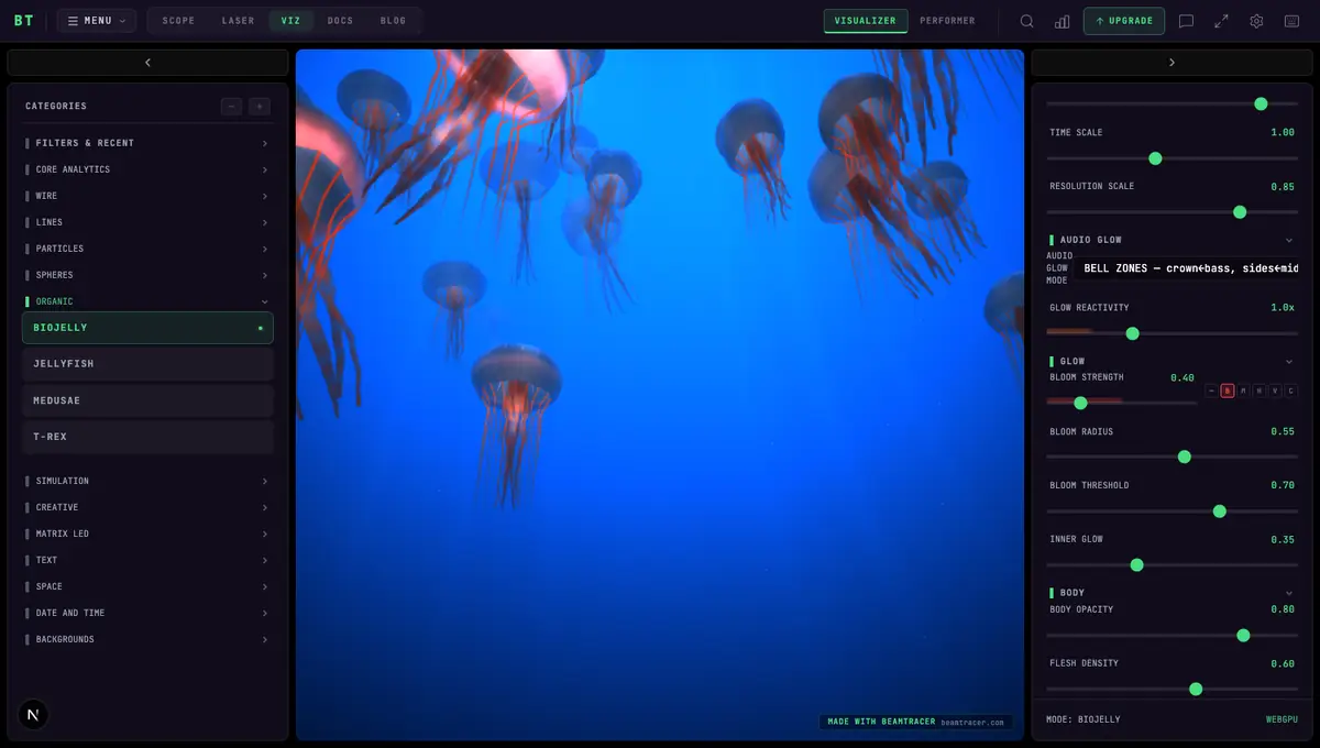 The BioJelly visualizer — bioluminescent jellyfish drifting in deep water