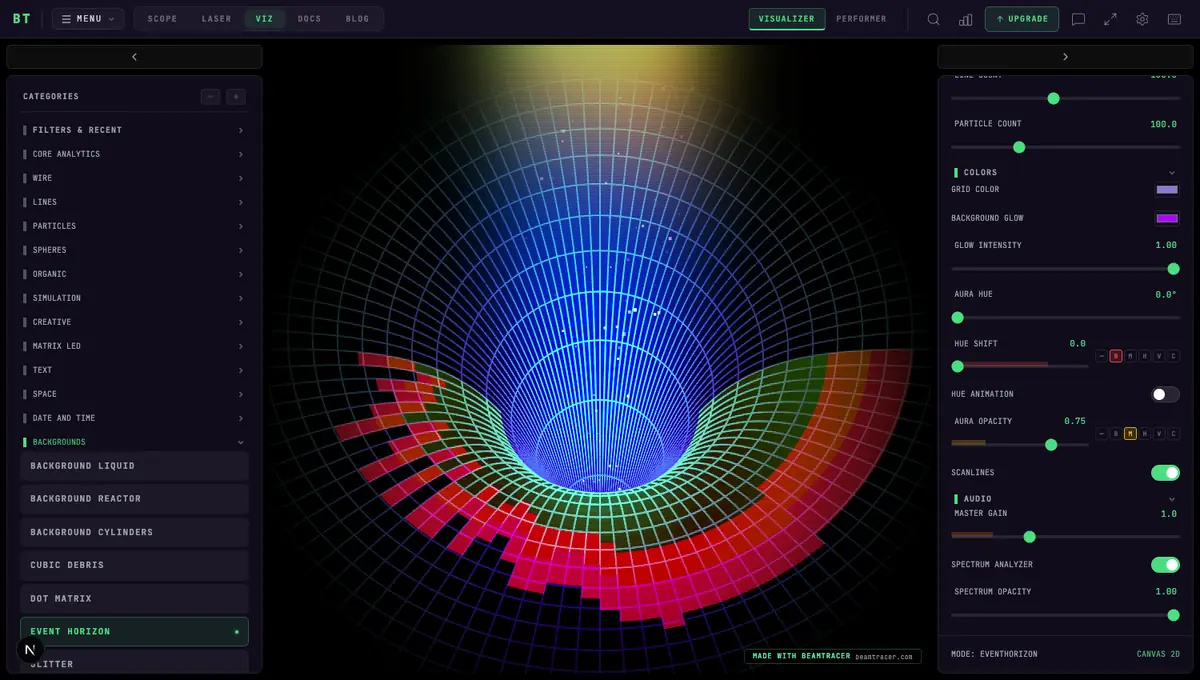The Event Horizon visualizer — a glowing ring of light around a dark center