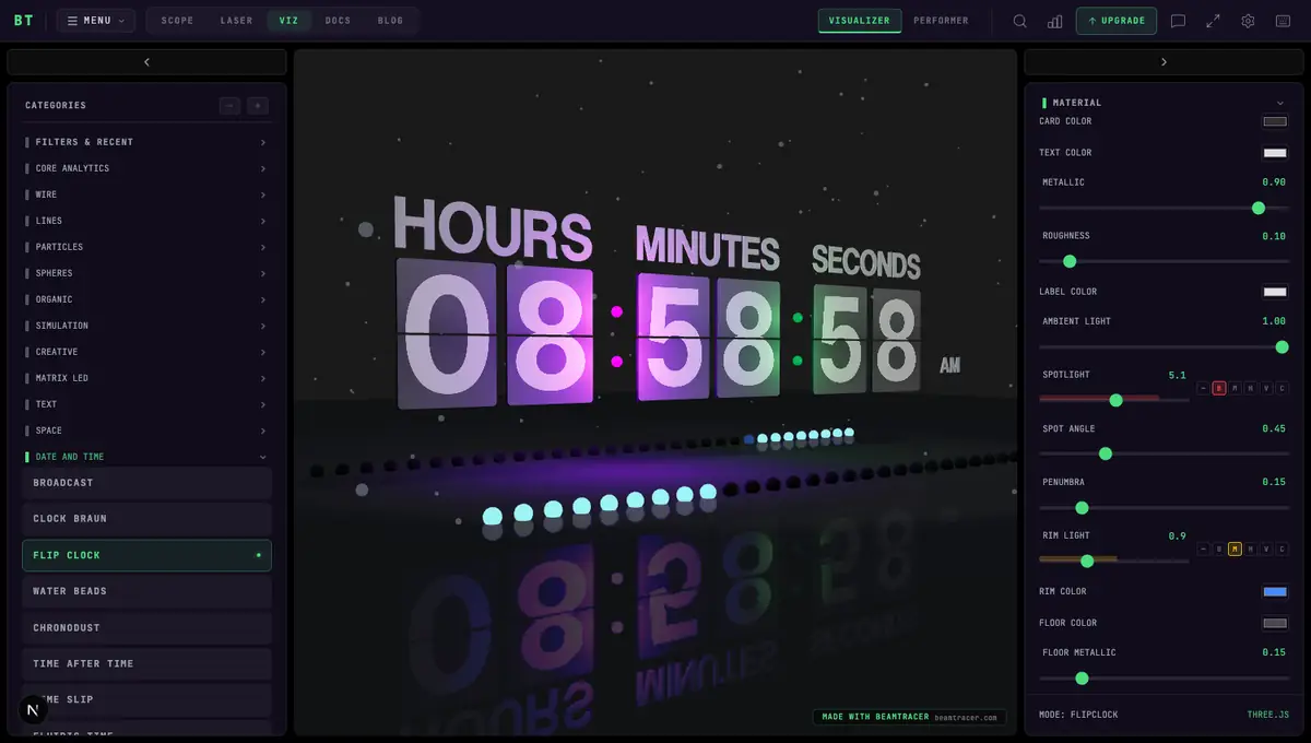 The Flip Clock visualizer — a split-flap clock rendered in 3D