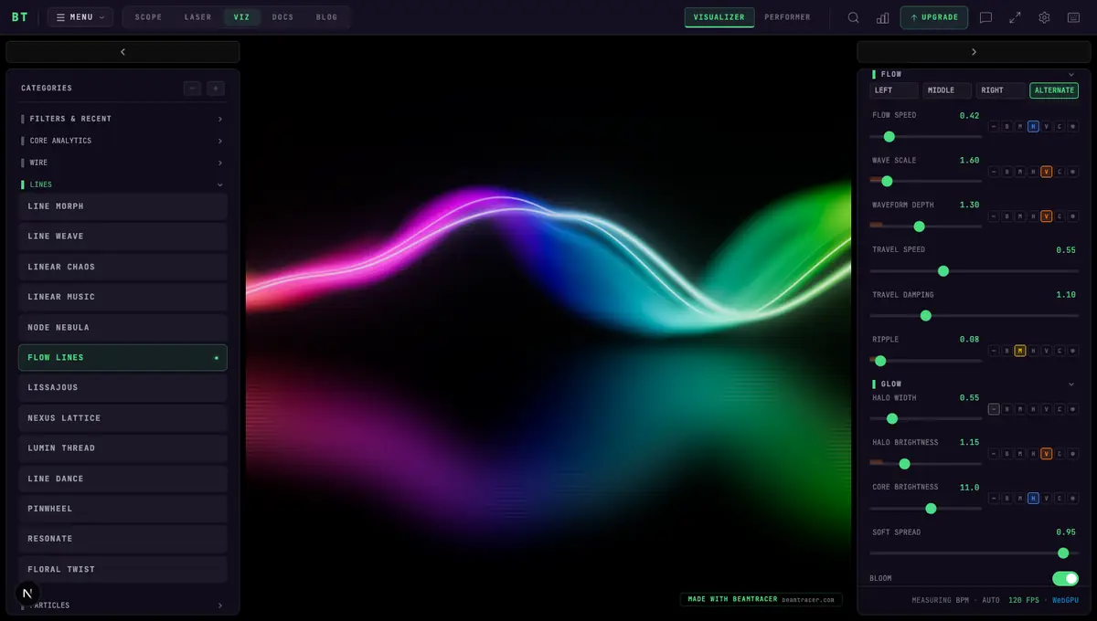 Flow Lines rendering luminous neon strands drifting above a mirror floor, with the Lines category expanded in the left sidebar
