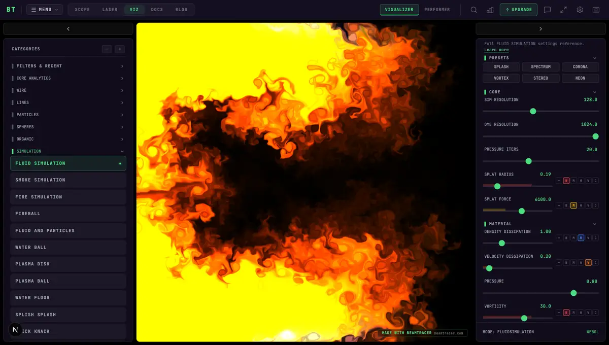 The Fluid Simulation visualizer — audio-driven dye swirling through a fluid field