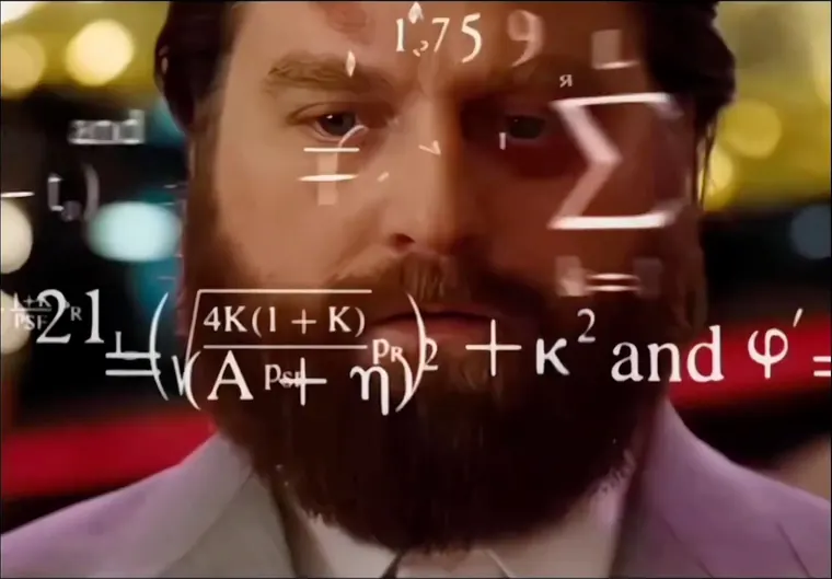 Alan from The Hangover counting cards at the blackjack table with math equations floating around his head