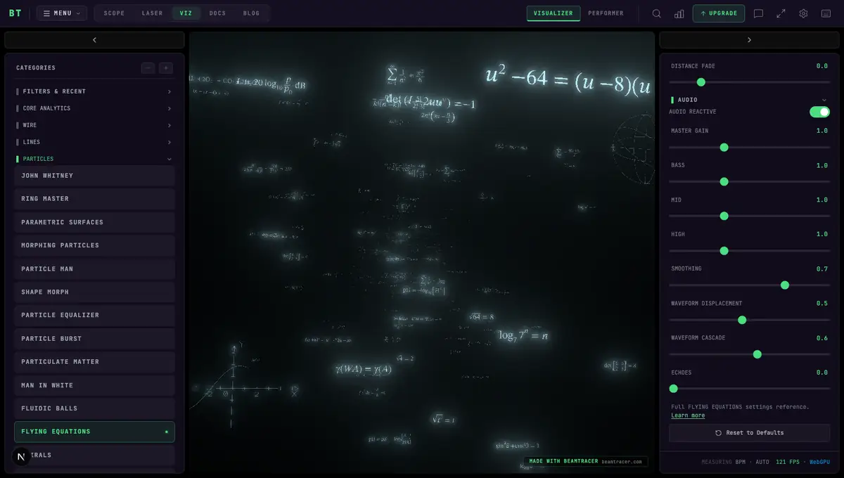 The Audio Visualizers interface with the Particles category expanded, Flying Equations selected, scientific formulas and diagrams moving through the canvas, and live Audio controls open in the settings panel