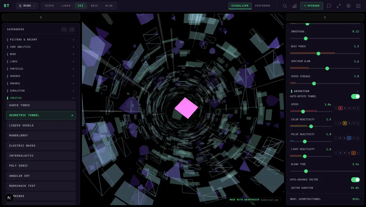 The Geometric Tunnel visualizer flying through a tunnel of green wireframe and solid panels toward a magenta core, with the Creative category expanded in the left sidebar and live audio meters in the settings panel