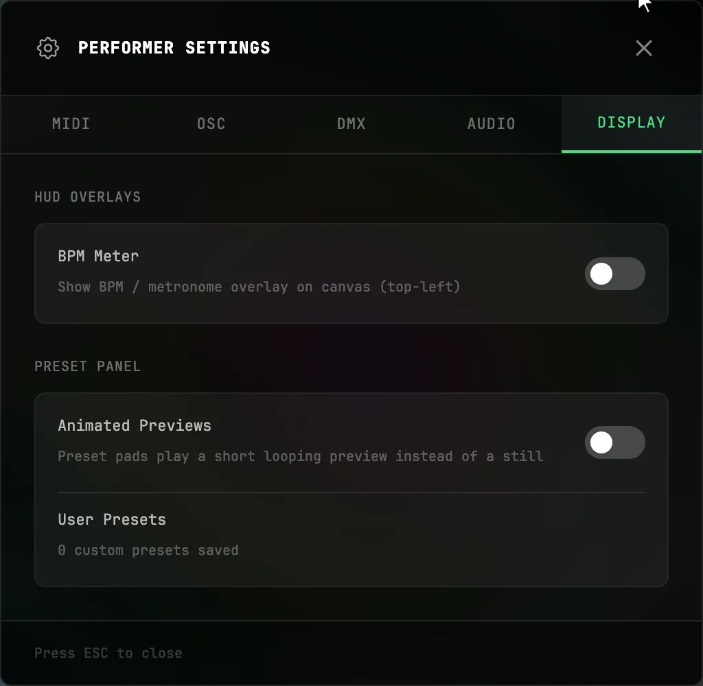 BPM overlay and animated preset previews