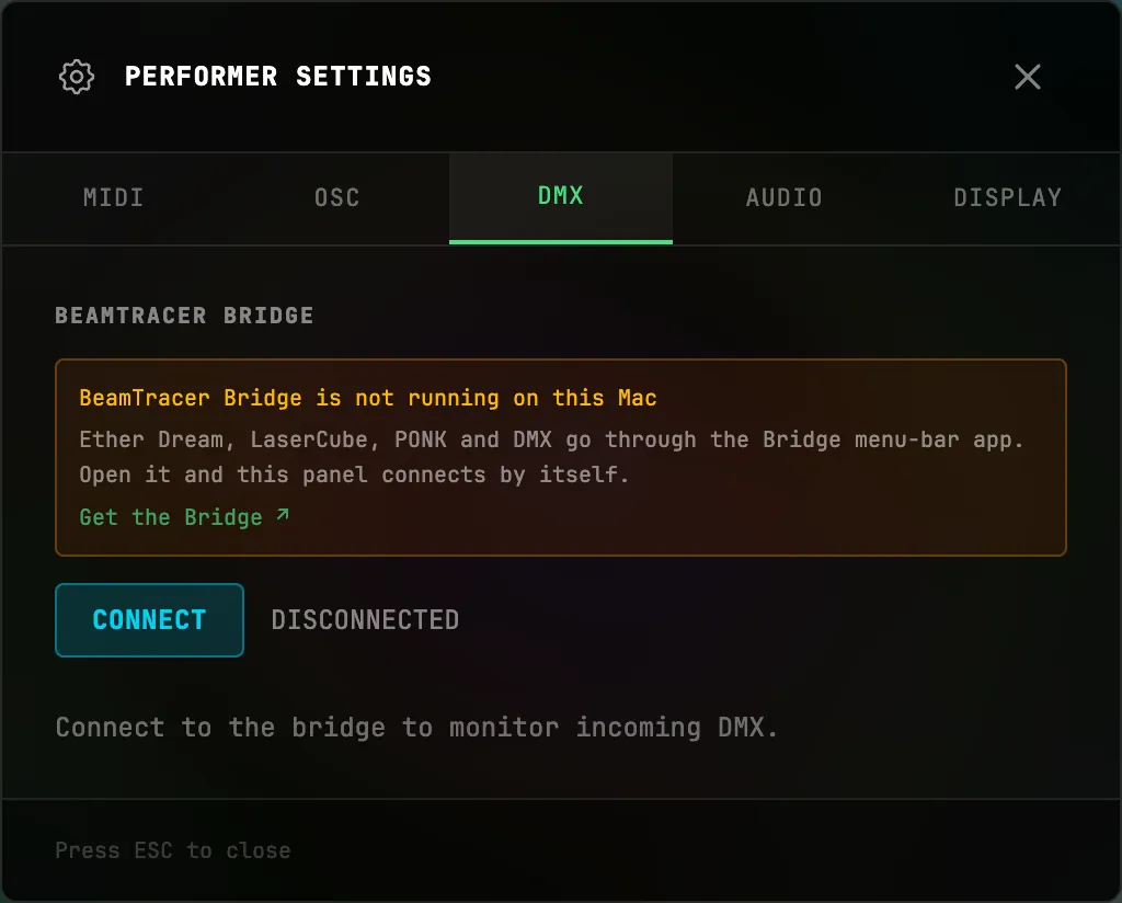 DMX settings while the Bridge is disconnected