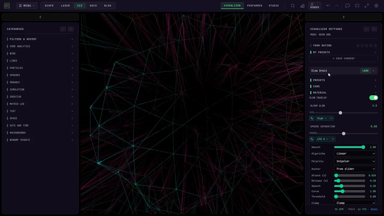 Neon Orb with the Visualizer Settings sidebar open