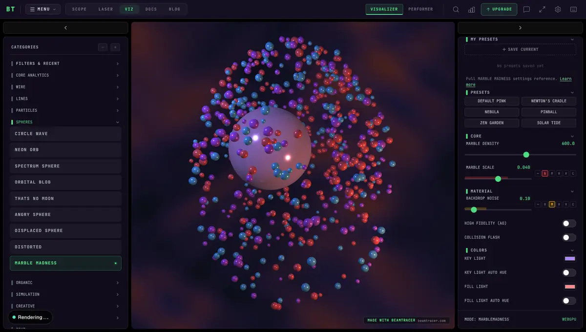 The Marble Madness visualizer — a WebGPU glass sphere reflecting its orbiting marble swarm