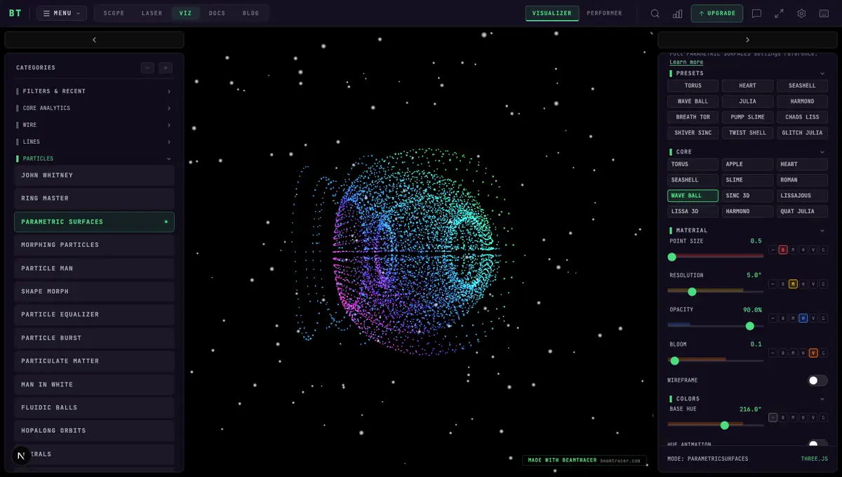 The Parametric Surfaces visualizer rendering a rotating particle sphere in cyan, blue, and magenta against a starfield, with the Particles category expanded in the left sidebar and live audio meters in the settings panel