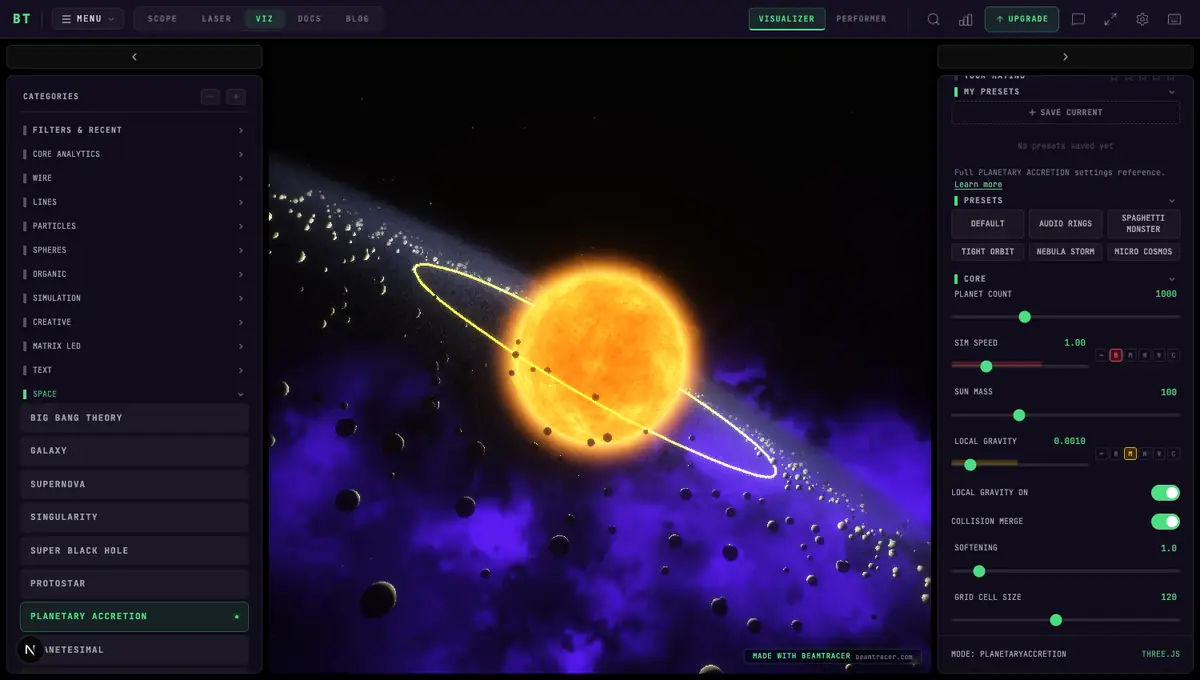 Planetary Accretion visualizer running in real-time — a glowing star with an accretion disk over a nebula