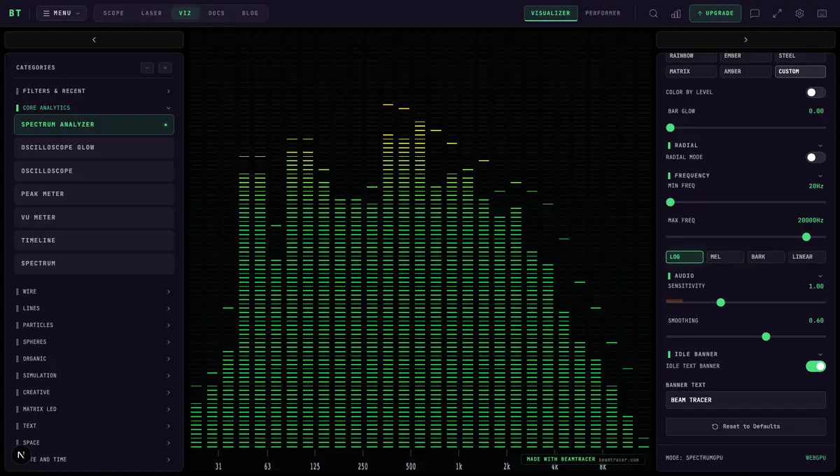 The Viz interface — category browser on the left, the Spectrum Analyzer rendering on the live canvas in the center, settings panel on the right