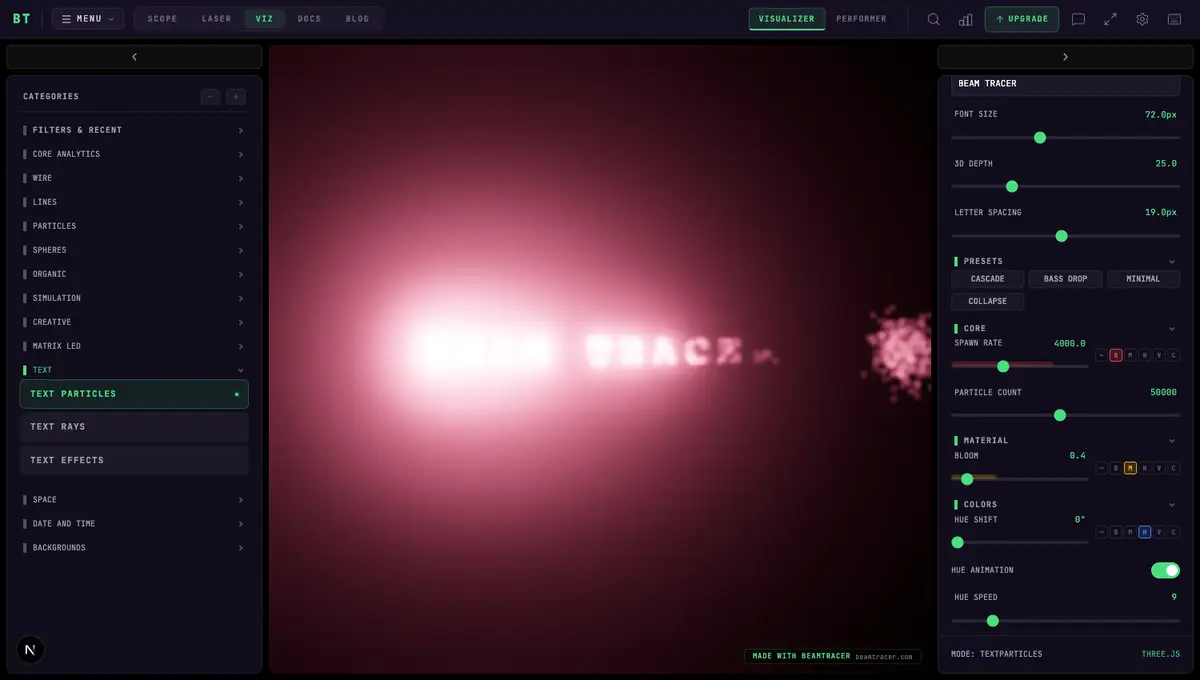 The Text Particles visualizer spelling BEAM TRACER out of thousands of dissolving blue particles, with the Text category expanded in the left sidebar and the demo track playing