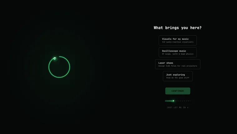 The BeamTracer welcome questionnaire — "What brings you here?" with goal options for visualizers, oscilloscope music, laser shows, or just exploring