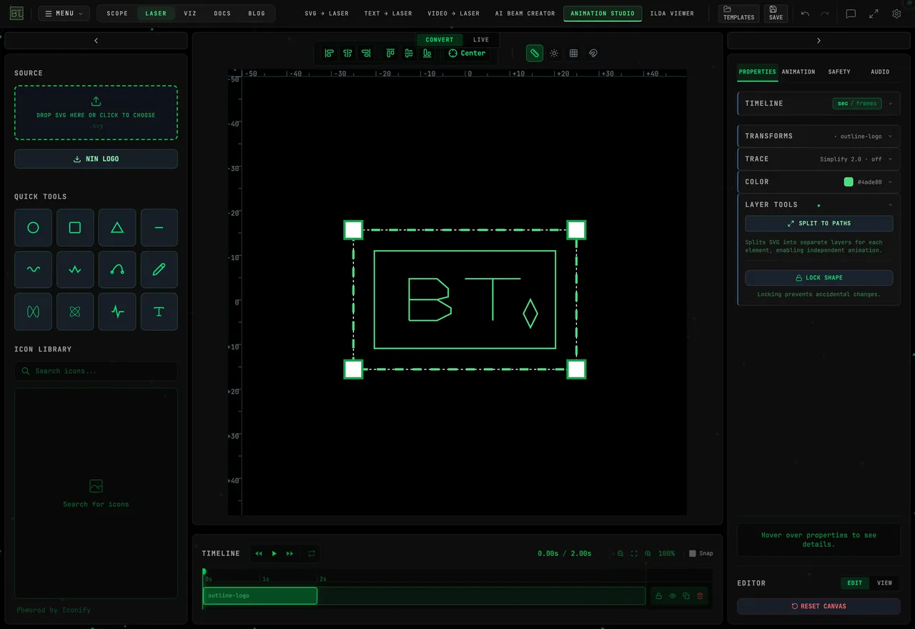 A sample outline, lettering, and diamond artwork loaded in Animation Studio, with Split to Paths available