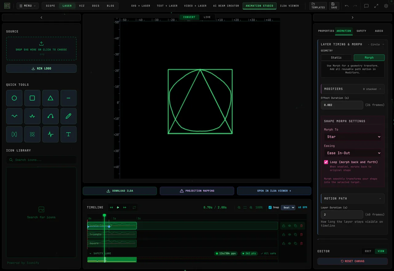 Animation Studio with three shape layers, Beat snapping at a manually set 68 BPM, and a circle-to-star morph