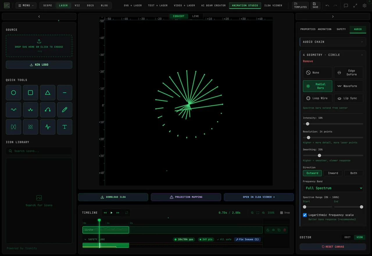 Radial Bars reacting to the Talk demo in Animation Studio, with Intensity 10%, Resolution 24, and Smoothing 25%