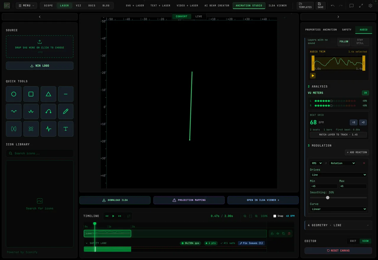 The core needle layer in Animation Studio with RMS driving Rotation, a range of −45 to 45 degrees, and 30% smoothing