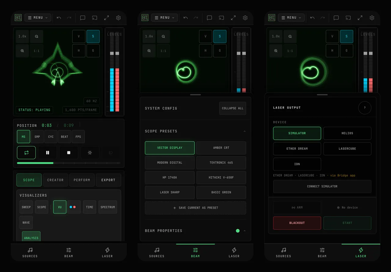 OSC-1 on a 390-pixel phone: the demo track playing with the transport and mode row under the scope; the BEAM sheet open on the scope presets; the LASER sheet open on the device list