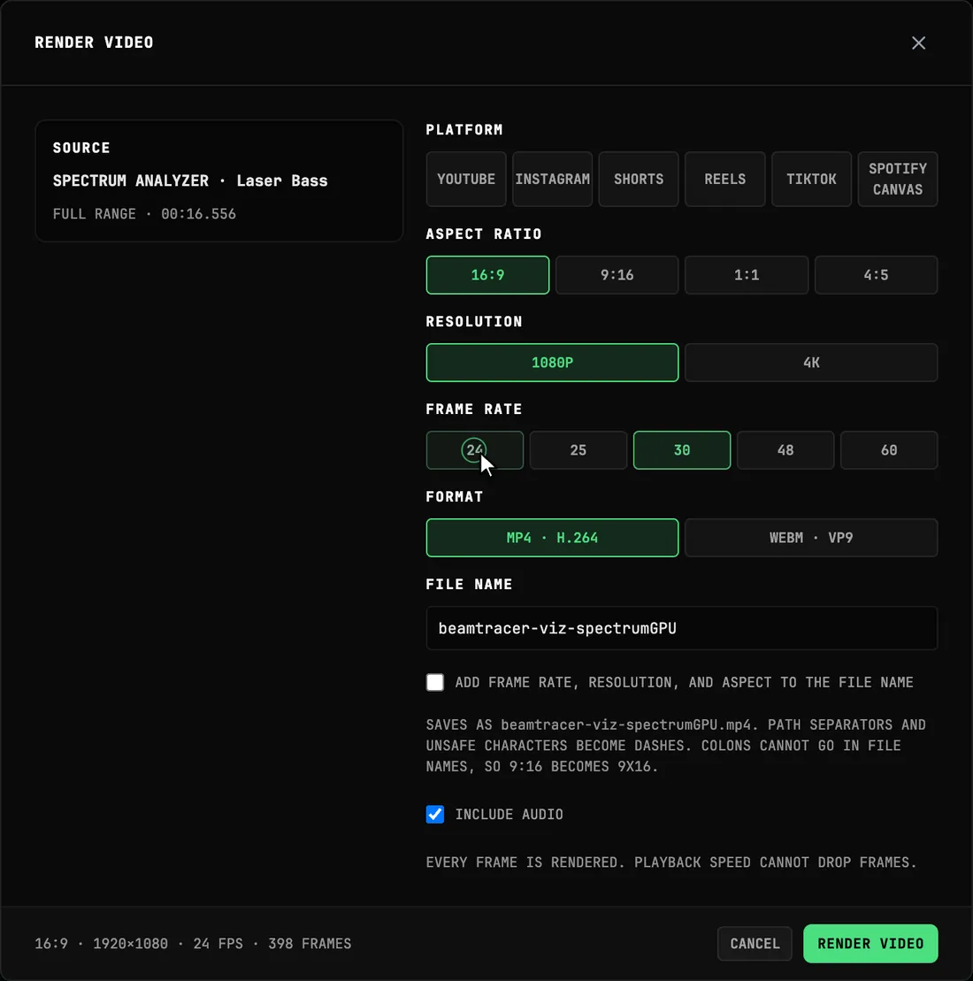 The Audio Visualizers Render Video dialog showing the current visualizer and track, full duration, resolution, frame-rate, format, audio, exact frame-count, watermark, trial, and render controls