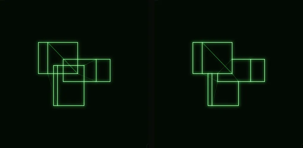 Hidden-line removal comparison — see-through wire-frame versus solid object on an XY oscilloscope