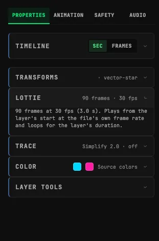 Animation Studio Properties panel reporting 90 frames at 30 fps for the imported vector star